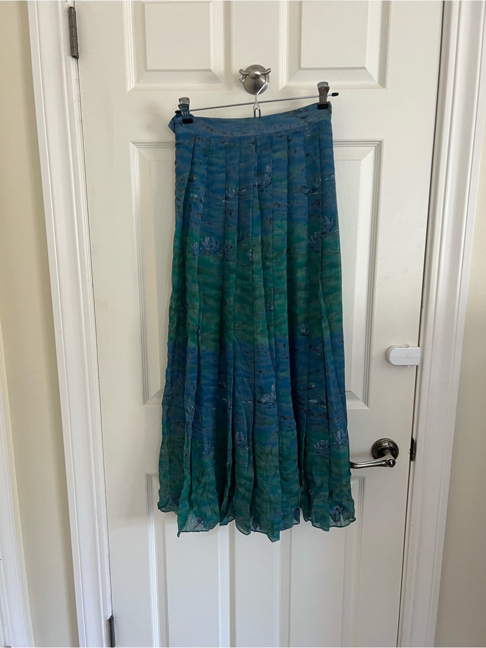 Vintage Silk Perry Ellis Blue Green Floral Pleated Maxi Skirt - Picture 3 of 6
